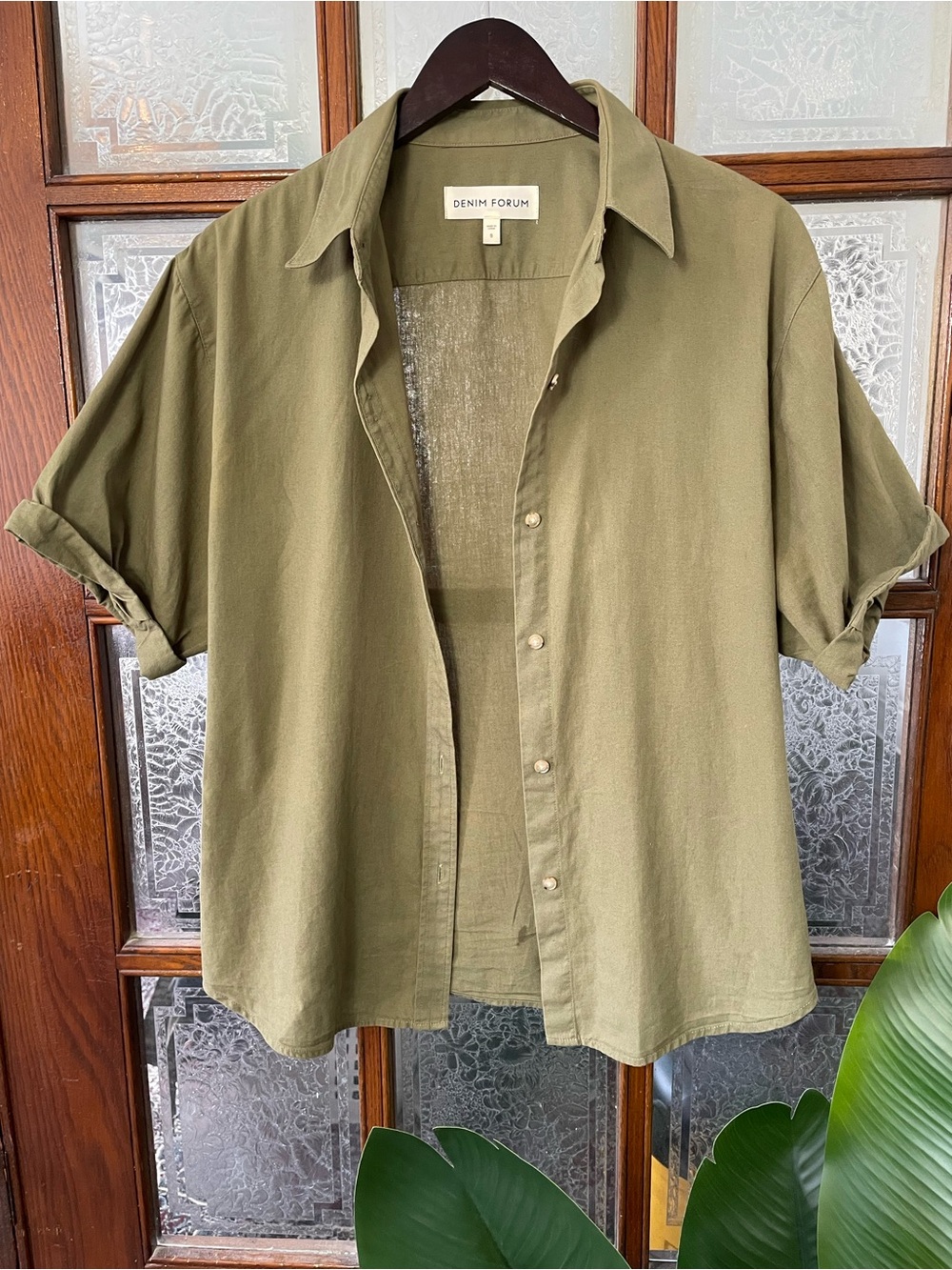 Denim Forum “The Jane” Olive Short Sleeve Button-Down Shirt